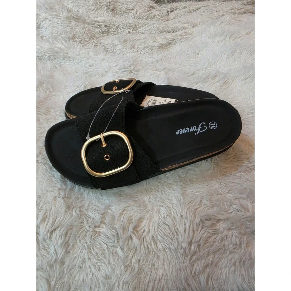 NWT Forever Comfort Black Big Buckle Cork Footbed Slide Sandals Size 7.5